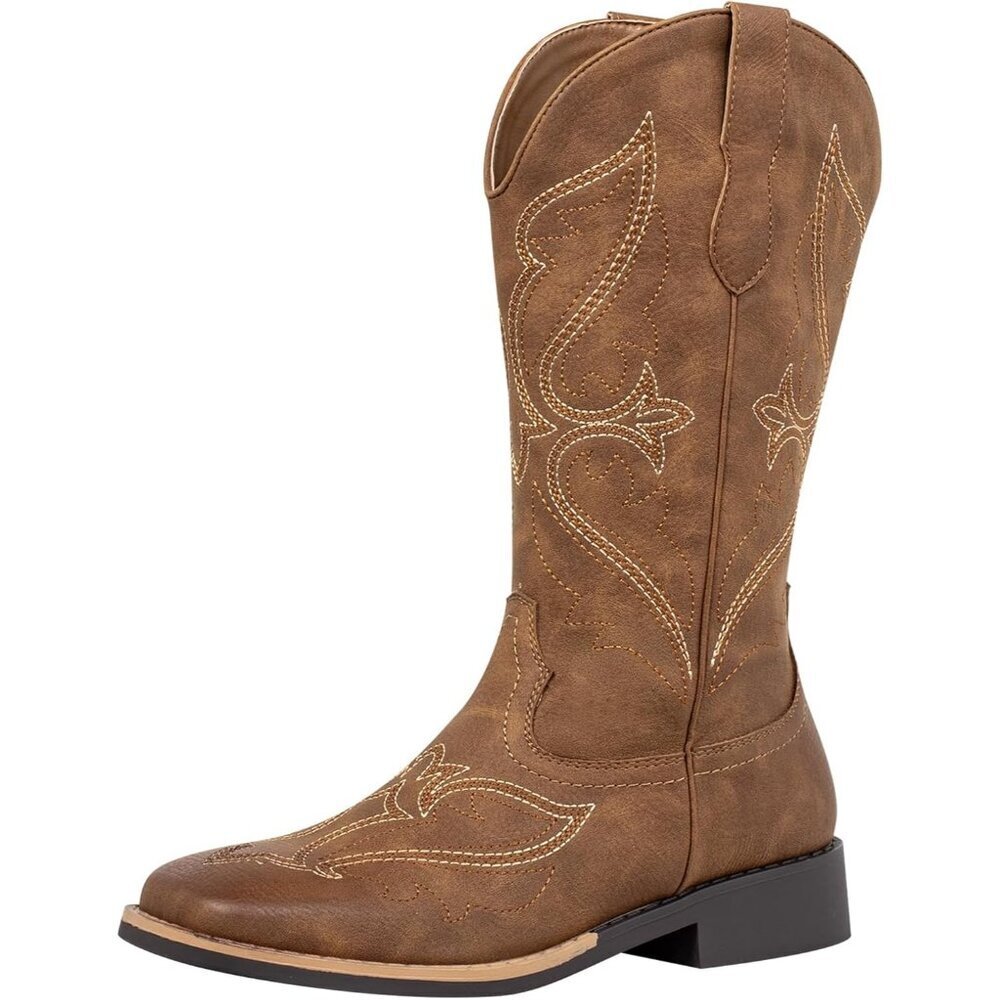 Women's Brown Pu leather Square Toe Pull On Fashion Western Chunky Cowgirl Boots